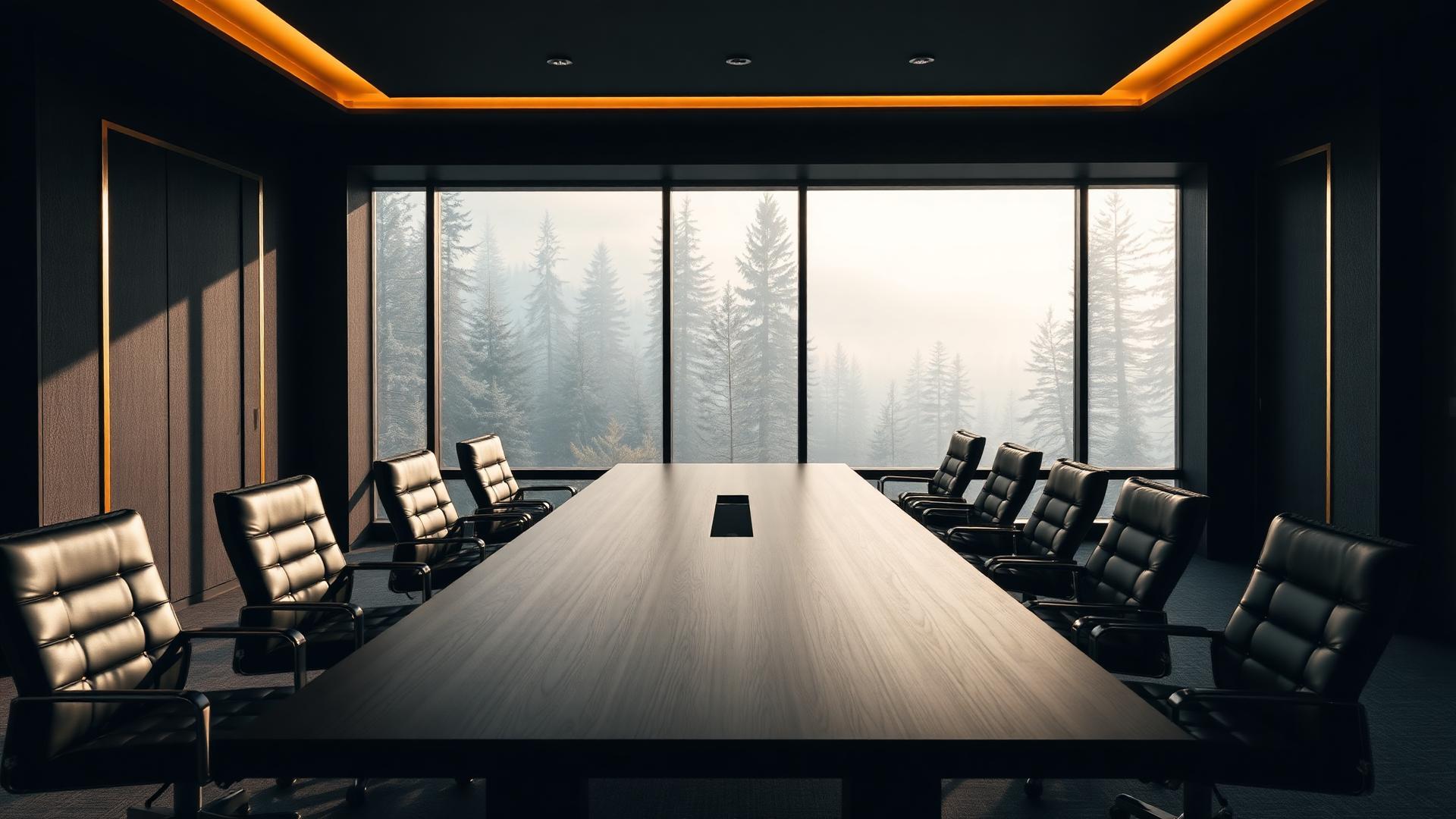 Empty boardroom with long table and leather chairs facing a window overlooking a forest