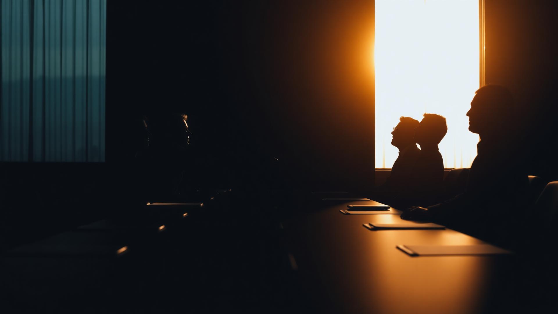Silhouetted executives shaking hands across a boardroom table