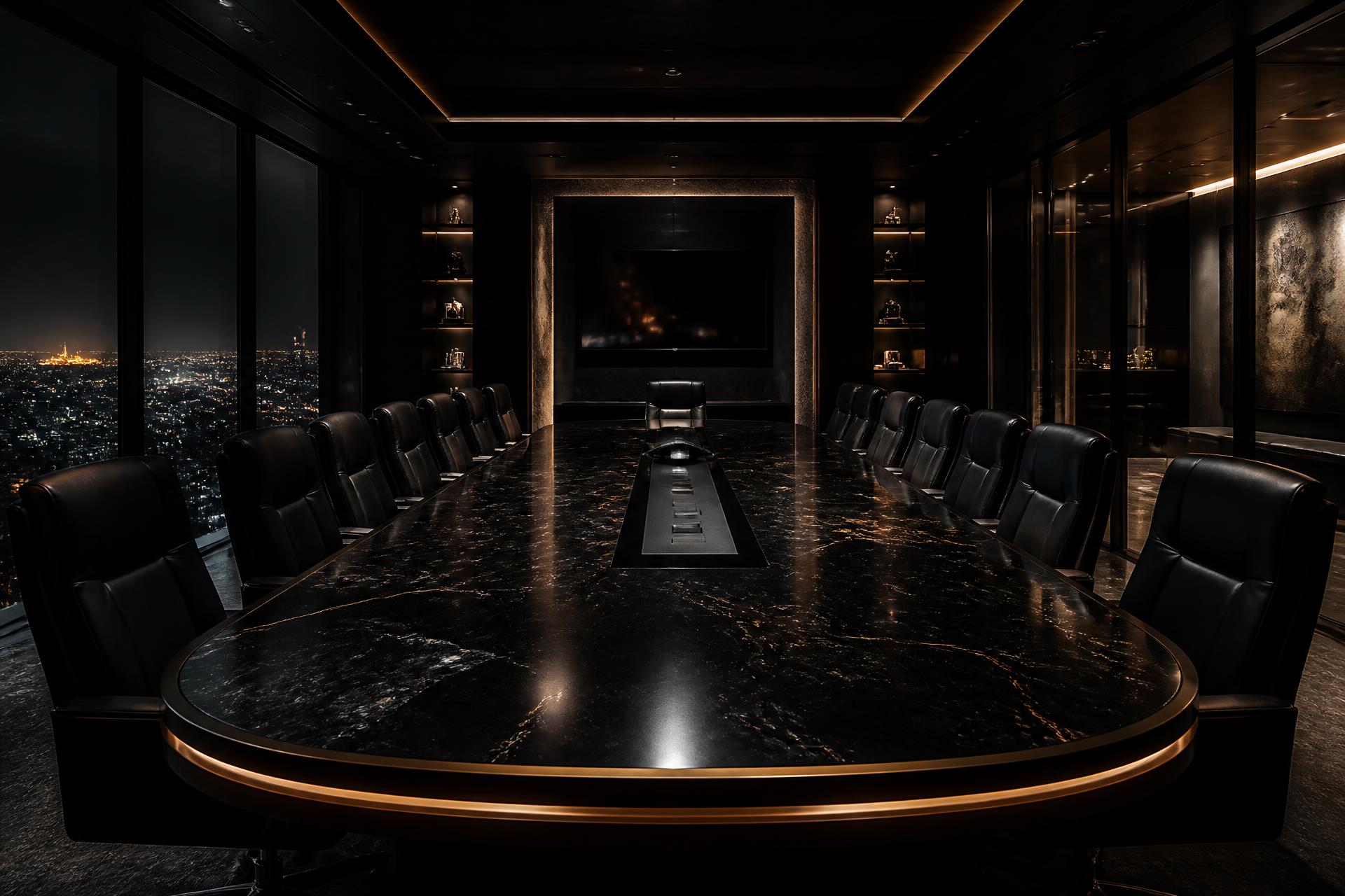 Modern dark boardroom with long marble table and ambient gold lighting